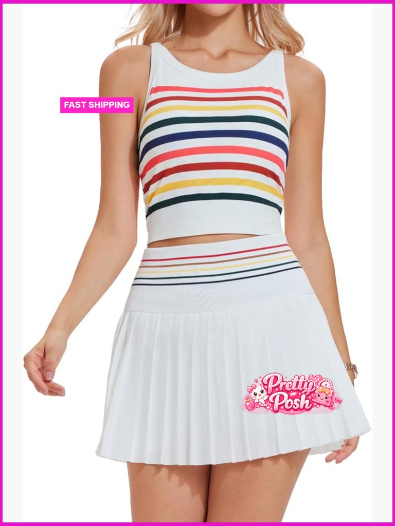 Two Piece Tennis Skirt Set With Built-In Bra And Shorts, High Waisted, Pockets